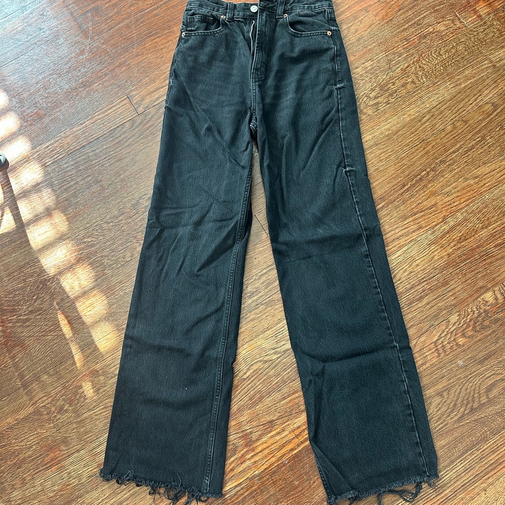 Zara Black Straight Leg Jeans with Frayed Hem